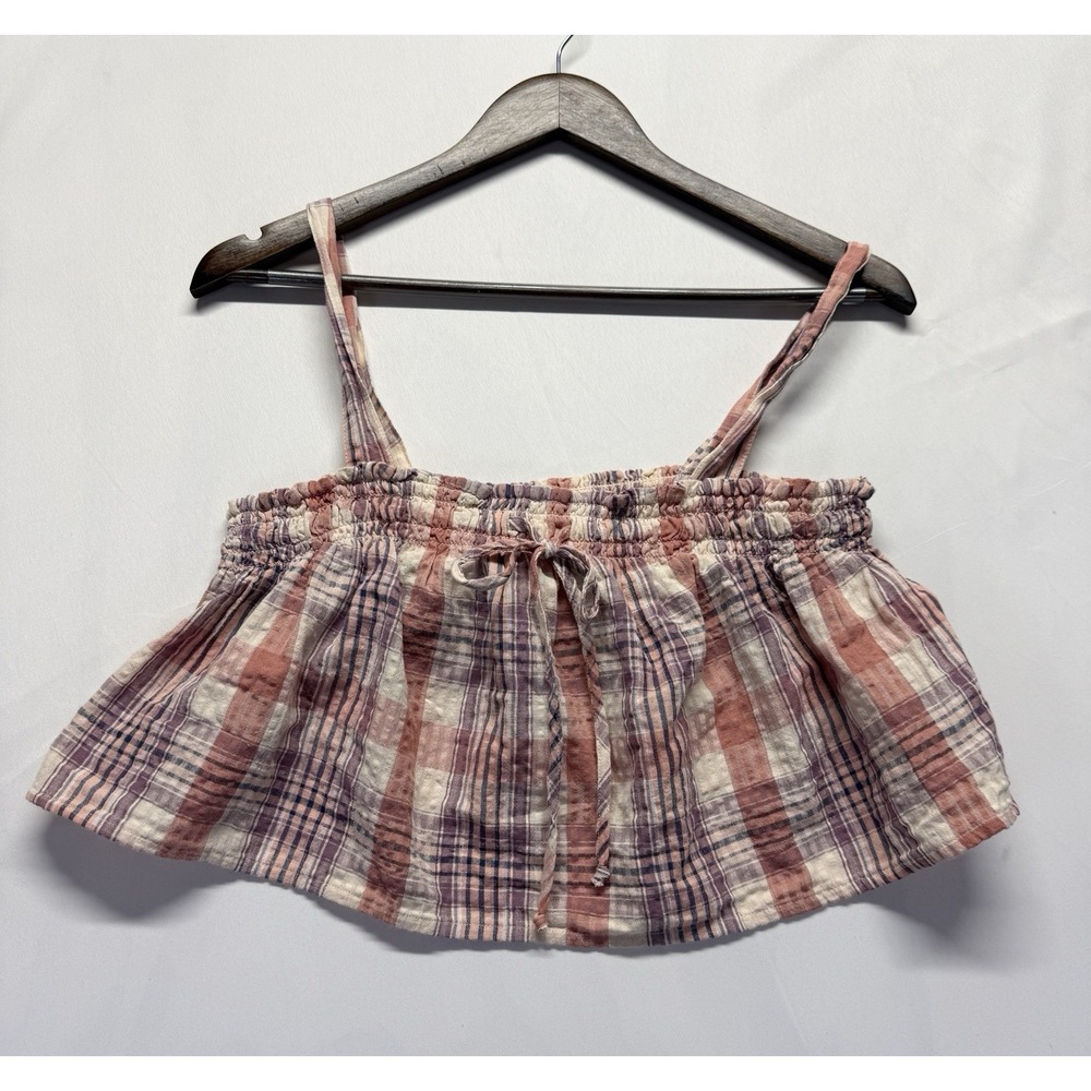 American Eagle Womens Small Pink Plaid Crop Tank Top Boho Linen Casual